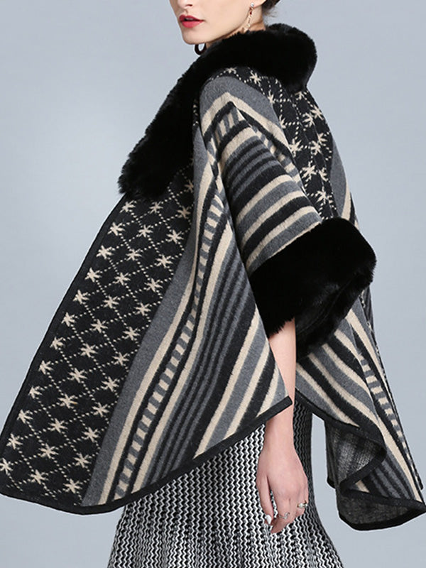 Stripe Bordeus pescoço fofo de plus size Cape Cardigan