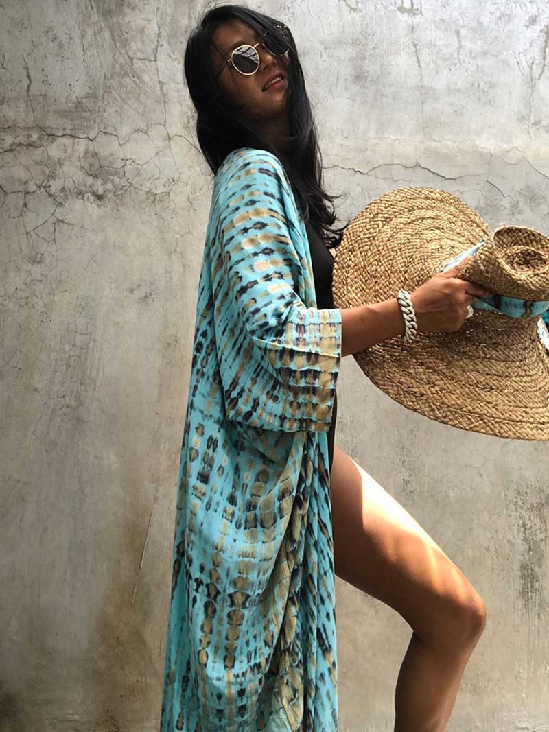 Evatrends cotton gown robe printed kimonos, Outerwear, Nightwear, Rayon, Board Sleeves, Different colors, Tie Dye print, Belted