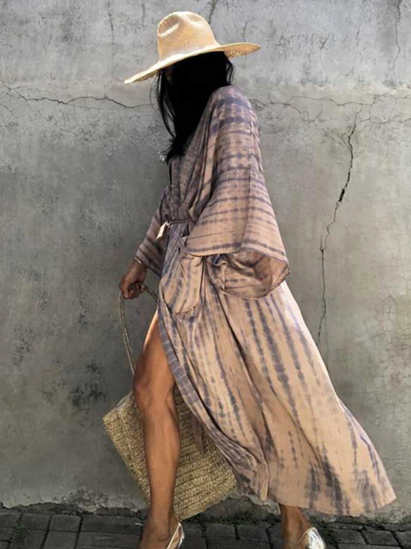 Evatrends cotton gown robe printed kimonos, Outerwear, Rayon 100（%）, Nightwear, long kimono, Board Sleeves, Different colors, loose fitting, Tie-Dye Print