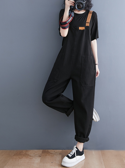 Women's Black Loose Overalls