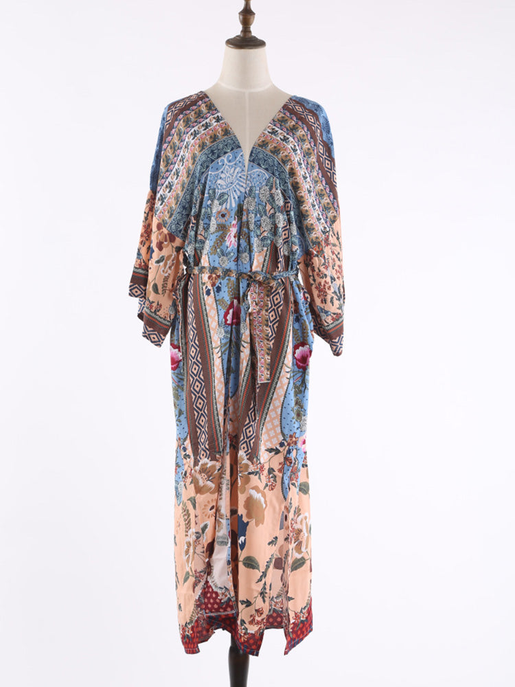 Evatrends cotton gown robe printed kimonos, Outerwear, Cotton, Nightwear, long kimono, long Sleeves, loose fitting, printed, Belted