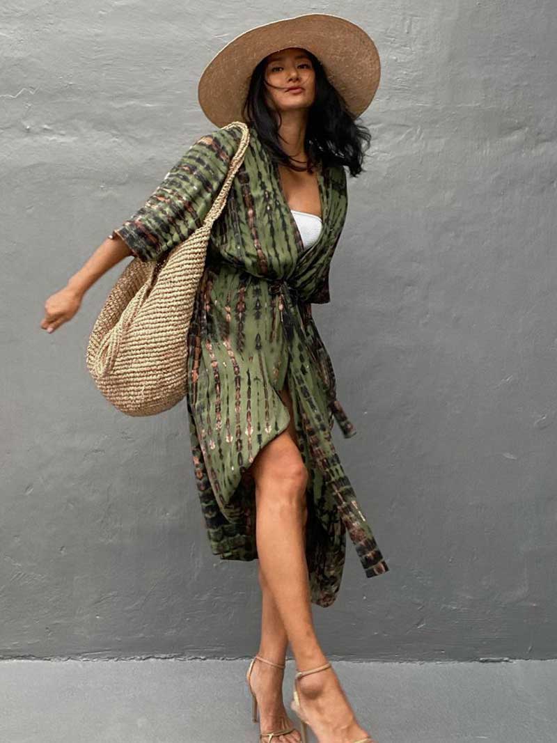 Evatrends cotton gown robe printed kimonos, Outerwear, Nightwear, Rayon, Board Sleeves, Different colors, Tie Dye print, Belted