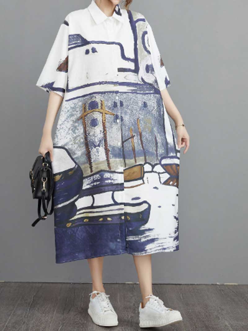 Abstract Art Print Cotton A-Line Shirt Dress