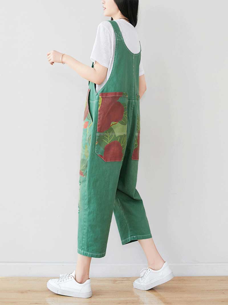 Dungarees cotton denim ripped jeans floral vintage retro style overall