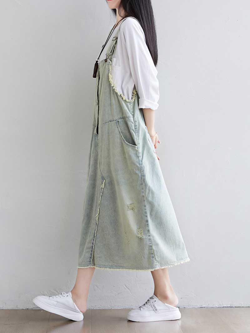 Women's Distressed Denim Midi Overall Dress - Comfortable Everyday | Eva Trends