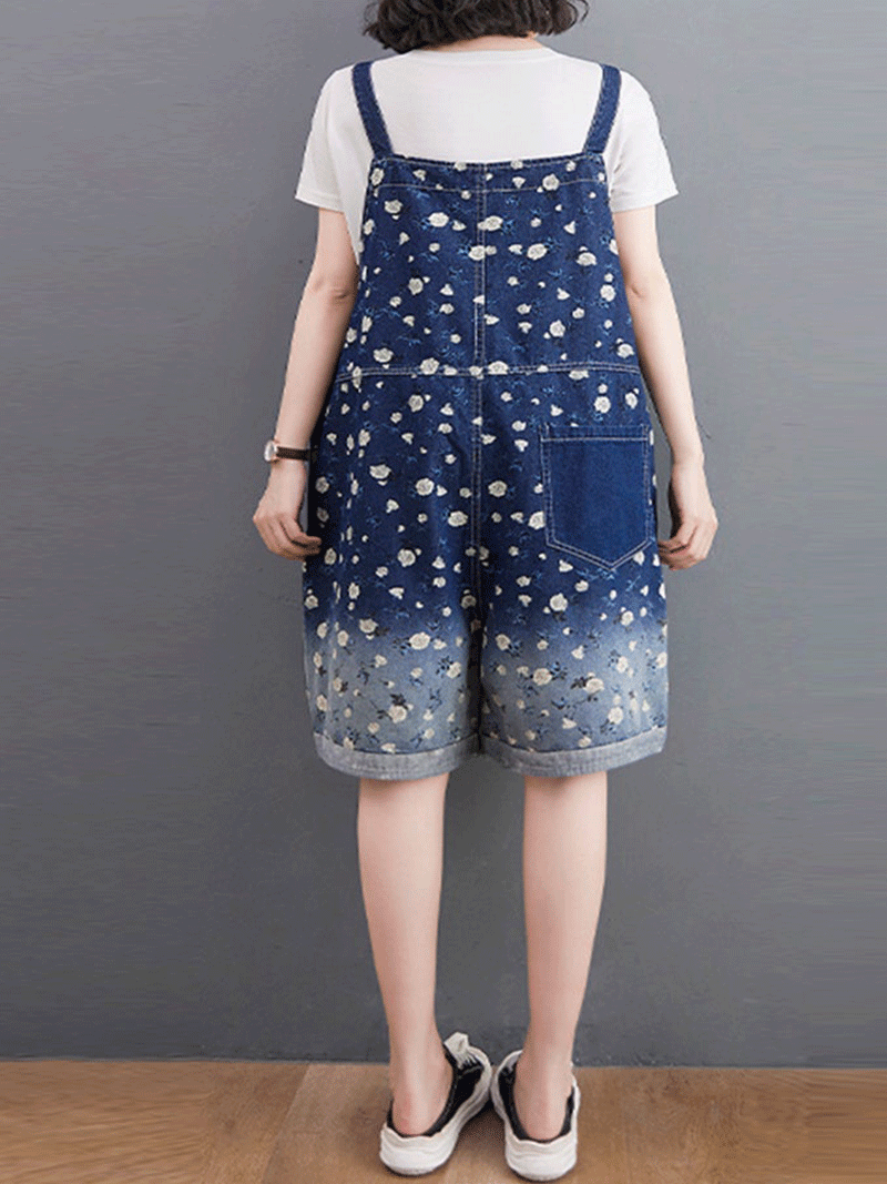 Knee-Length Floral Denim Dungaress - Deep V Bib Design