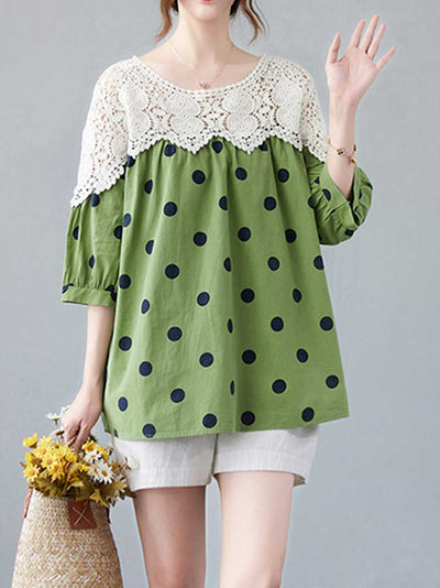 Printed Pola Dot Cotton Shirt Top With Puff Sleeves