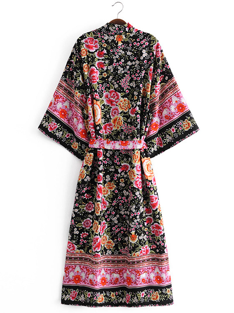 Evatrends cotton gown robe printed kimonos, Outerwear, cotton, Nightwear, long kimono, Board Sleeves, loose fitting, Floral Print , Belted