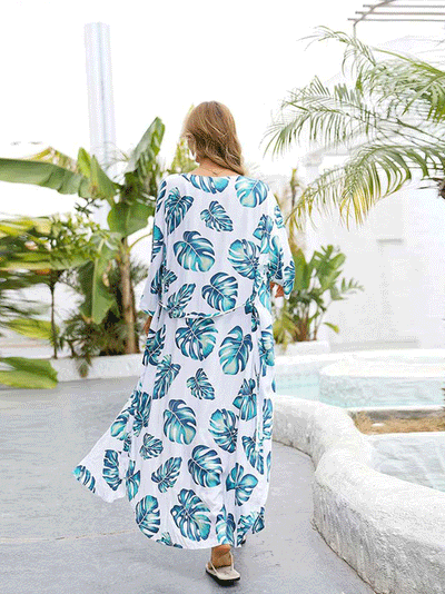 Evatrends cotton gown robe printed kimonos, Outerwear, polyester, Nightwear, long kimono, Kimono Broad sleeves, loose fitting, Leaf print