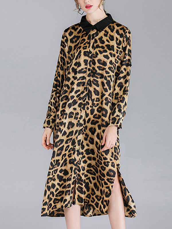 Ivy vintage contraste com lapela pescoço estampa de animal abotoado com cinto midi vestido