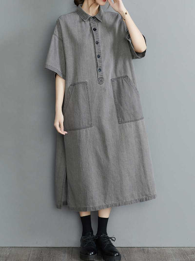 Plain Cotton Short Sleeve  With Pockets Midi Dress