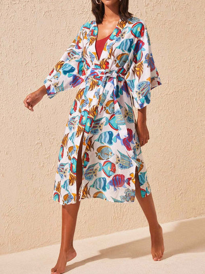 Evatrends cotton gown robe printed kimonos, Outerwear, cotton, Nightwear, long kimono, Broad sleeves with armpit opening, loose fitting, Birds, Fish With Leaf Print, Belted