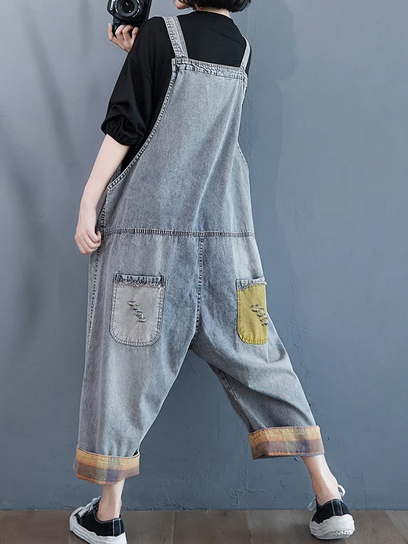 Dungarees cotton denim ripped jeans floral vintage retro style overall