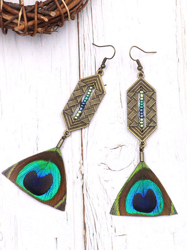 Boucles d'oreilles de plumes de paon Druzy pendantes