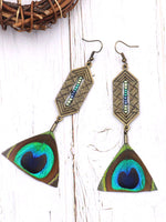 Boucles d'oreilles de plumes de paon Druzy pendantes