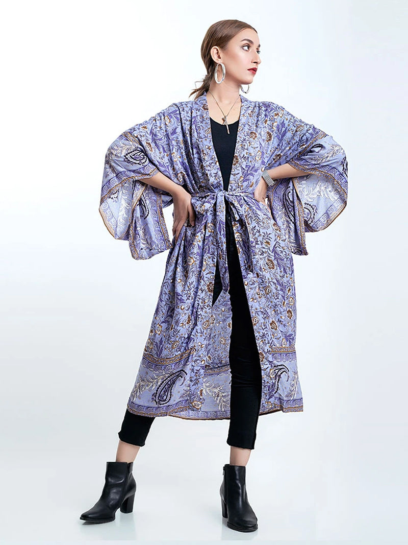 Evatrends cotton gown robe printed kimonos, Outerwear, cotton, Nightwear, long kimono, Board Sleeves, loose fitting, Floral Print with birds print, Belted