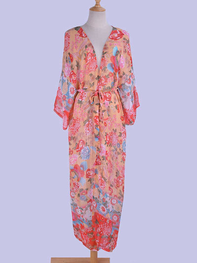 Evatrends cotton gown robe printed kimonos, Outerwear, Chiffon, Nightwear, long kimono, Board Sleeves, Pink color, loose fitting, Floral Print, fashionshow, kimono,