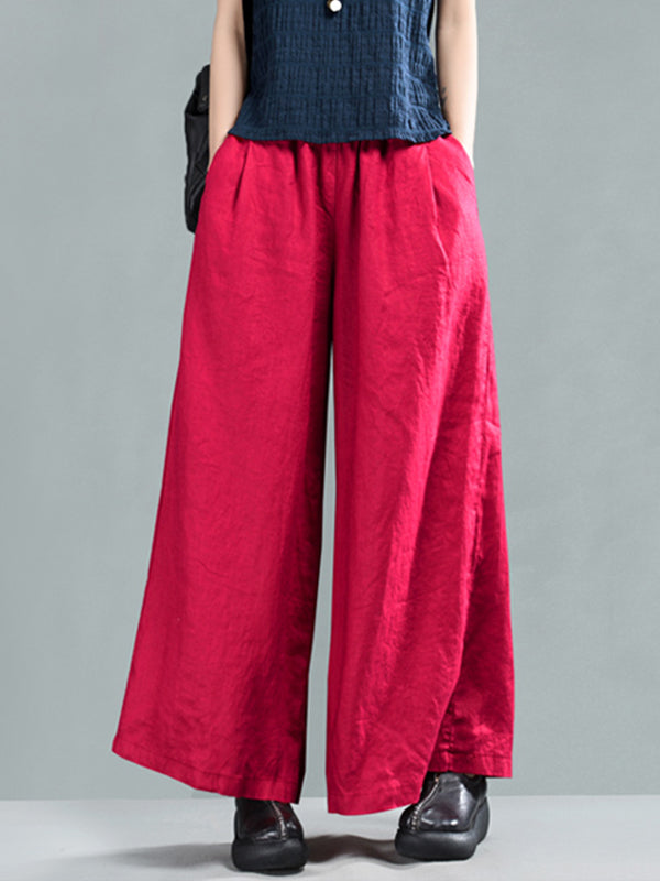 Harriett Vintage Casual-Waist Linen Wide Leg-perna com bolsos