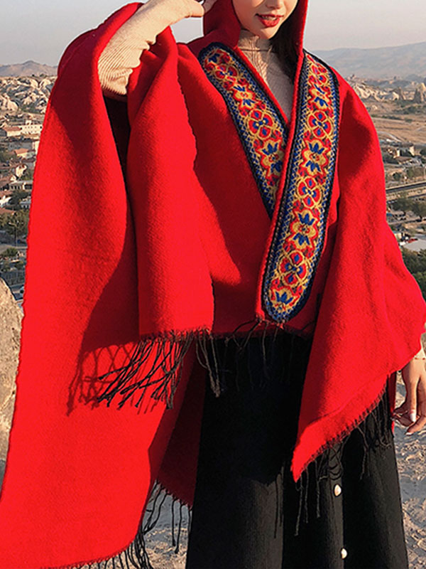 Cardigã de xale vermelho de emenda com encapuzado