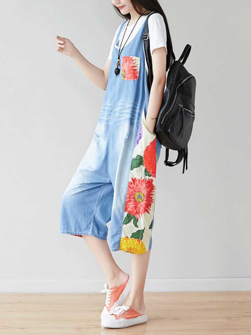 Dungarees cotton denim ripped jeans floral vintage retro style overall