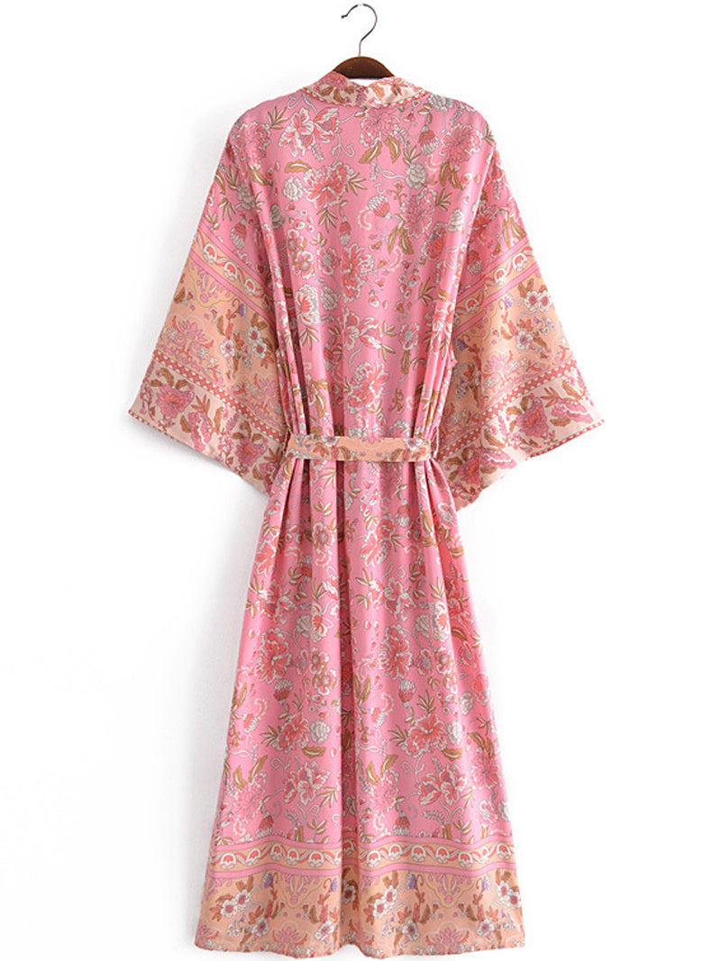 Evatrends cotton gown robe printed kimonos, Outerwear, Cotton, long sleeves, Nightwear, long kimono, Board Sleeves, pink, loose fitting, Printed, floral, belted, V-Collar