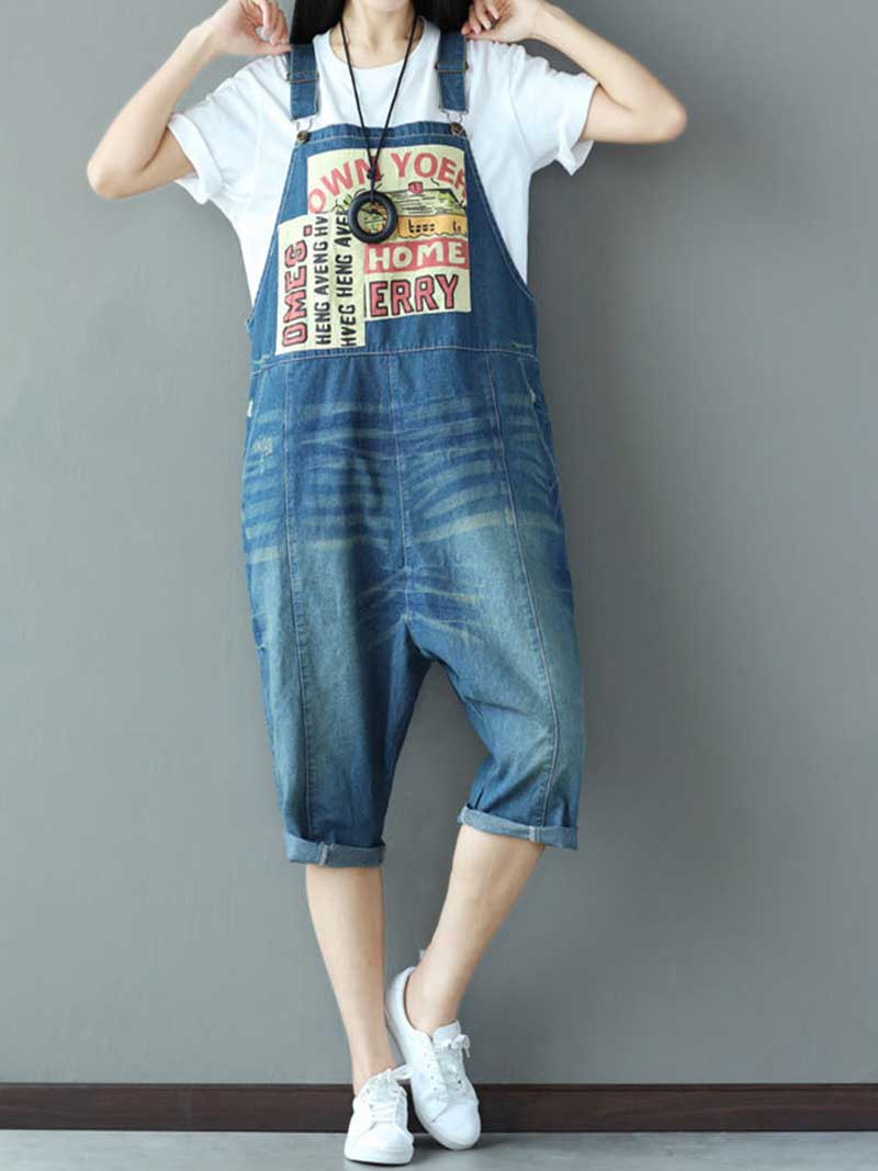 Dungarees cotton denim ripped jeans ,vintage retro style overall, Adjustable straps, Cropped Pants