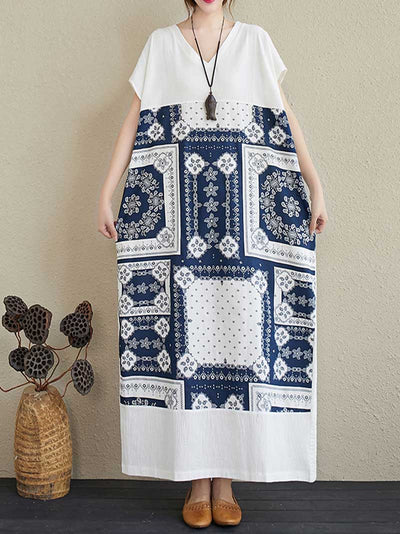 Printed White Short Sleeves Kaftan Dress