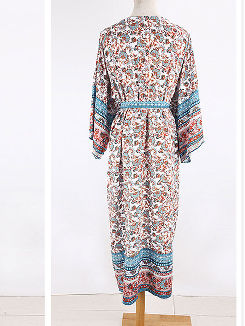 Evatrends cotton gown robe printed kimonos, Outerwear, Cotton, Nightwear, long kimono, Kimono Broad sleeves with armpit opening, loose fitting, Floral Print, Belted