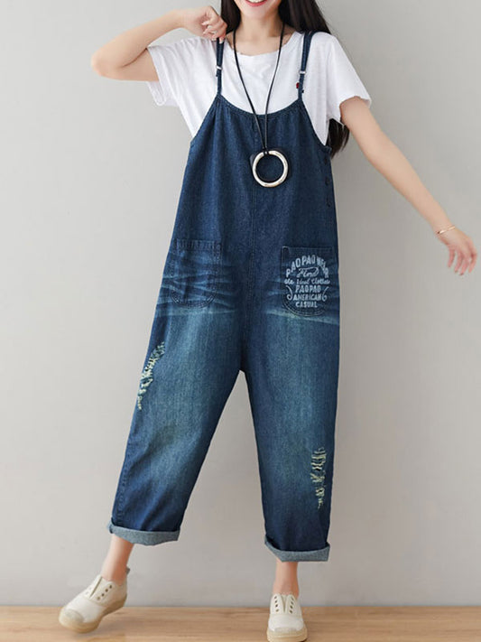 Dungarees cotton denim ripped jeans floral vintage retro style overall
