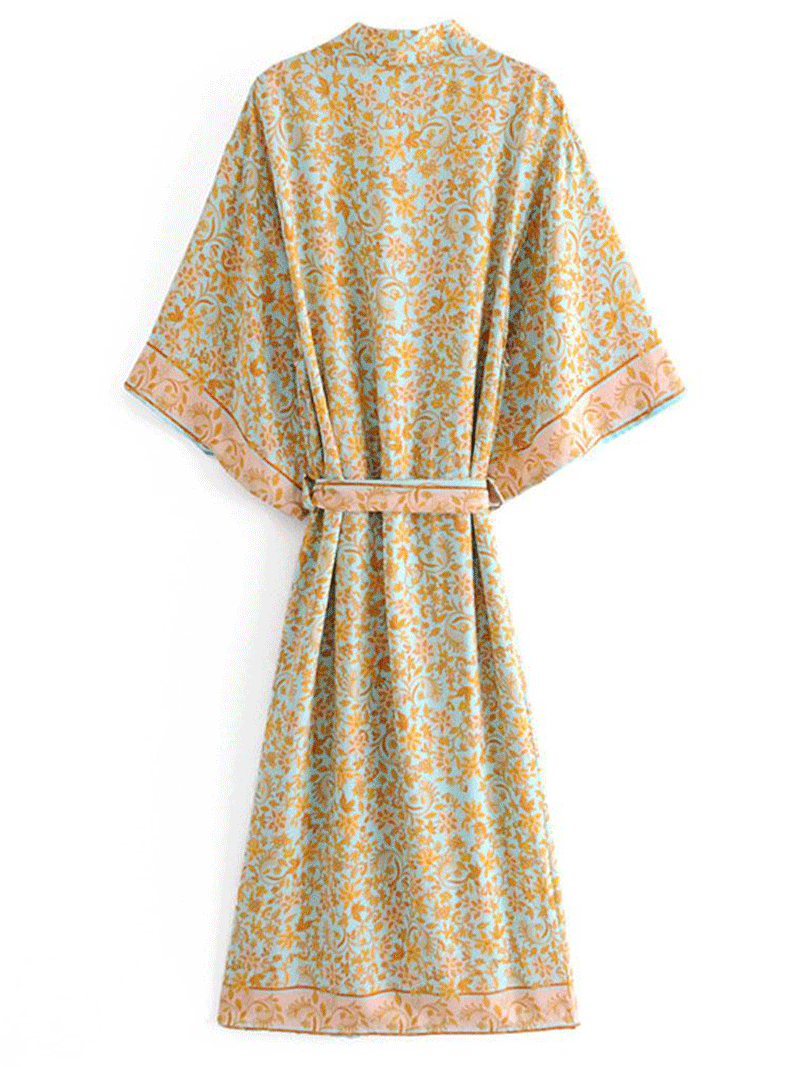 Evatrends cotton gown robe printed kimonos, Gown style, Outerwear, 100% Cotton, Nightwear, Long kimono, Board Sleeves, Yellow, loose fitting, Printed, Belted
