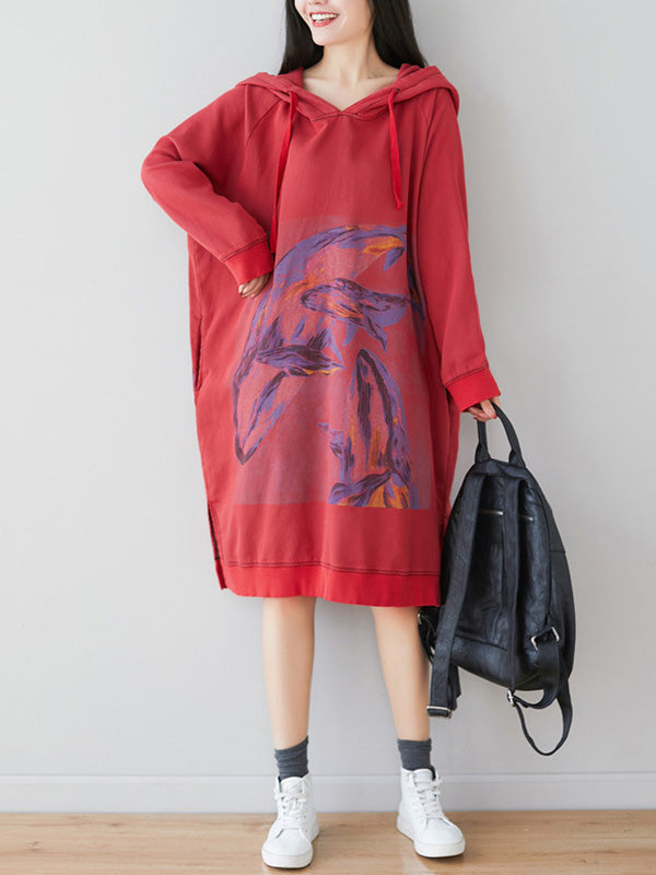 Robe sweat-shirt à capuche florale ethnique lâche