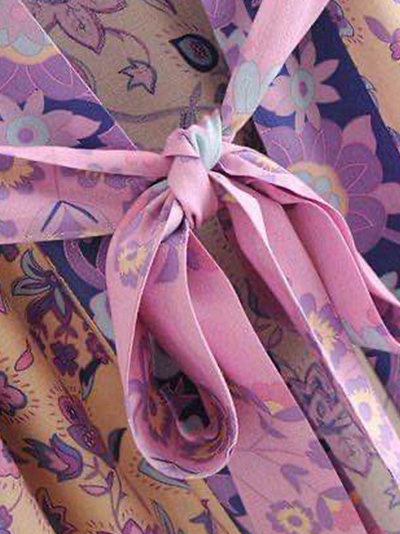 Couleur violet de la plage imprimé violet Coton Longue longue longueur Kimono Duster Robe