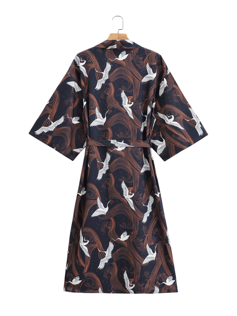 Evatrends cotton gown robe printed kimonos, Outerwear, Polyester, long sleeves, Birds print, Nightwear, long kimono, Board Sleeves, loose fitting, Printed, , belted