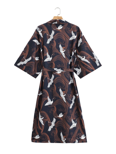 Evatrends cotton gown robe printed kimonos, Outerwear, Polyester, long sleeves, Birds print, Nightwear, long kimono, Board Sleeves, loose fitting, Printed, , belted