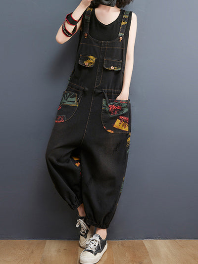 Dungarees cotton denim ripped jeans floral vintage retro style overall