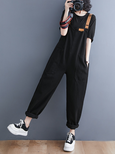 Women's Black Loose Overalls