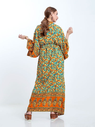 Evatrends cotton gown robe printed kimonos, Outerwear, Cotton, Viscose, Nightwear, long kimono, Broad sleeves with an armpit gap opening, loose fitting, Floral Bohemian Print, Belted
