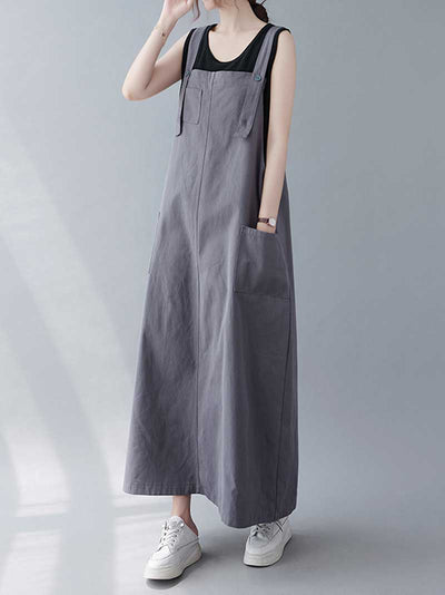 Plain Cotton Sleeveless Salopette Dress