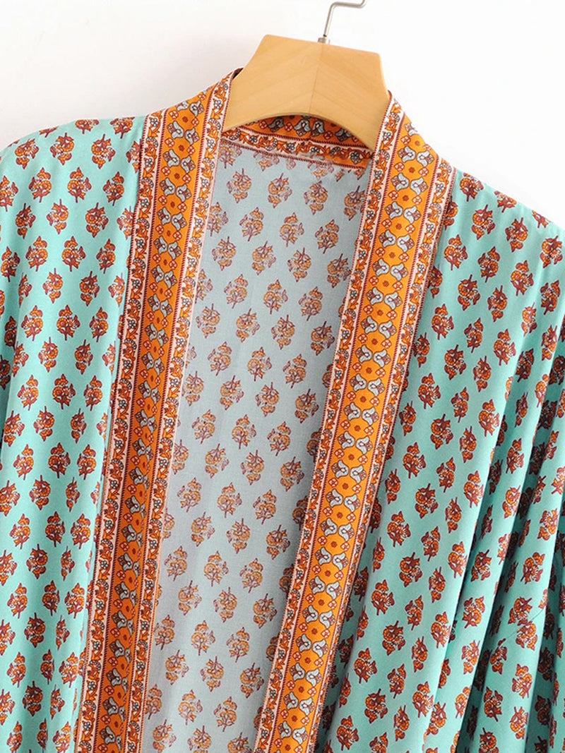 Evatrends cotton gown robe printed kimonos, Outerwear, : 90% Cotton, 10% Viscose, Nightwear, long kimono, Board Sleeves, loose fitting, Print with Eye-catching Contrast