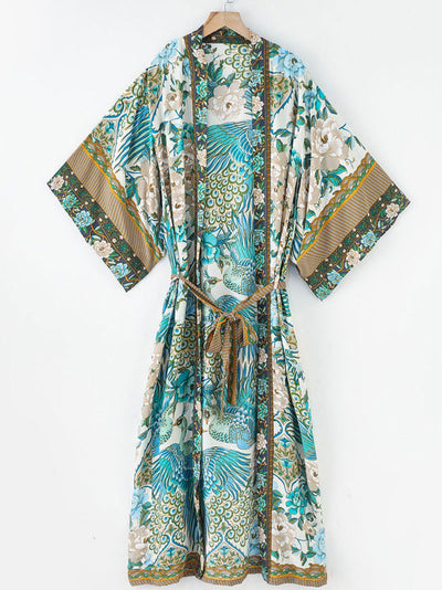 Evatrends cotton gown robe printed kimonos, Outerwear, Cotton, long sleeves, Birds print, Nightwear, long kimono, Board Sleeves, loose fitting, Printed, , belted