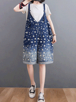Knee-Length Floral Denim Dungaress - Deep V Bib Design