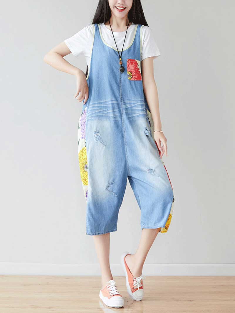 Dungarees cotton denim ripped jeans floral vintage retro style overall