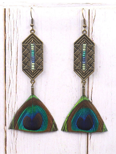 Dangling Druzy Peacock Feather Earrings