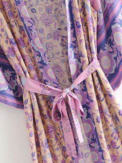 Beachwear Floral Print Violet Color Cotton Long Length Gown Kimono Duster Robe