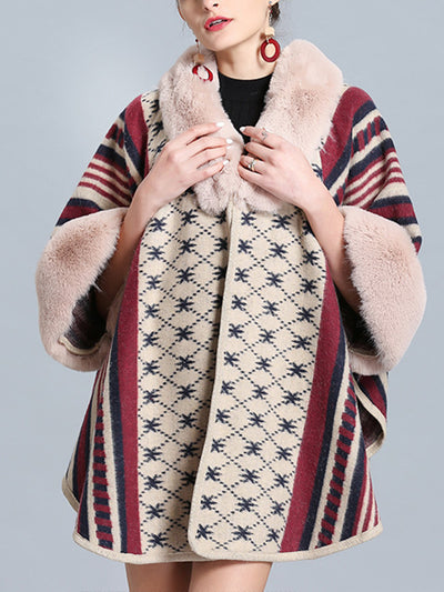 Stripe Bordeus Fluffy Neck Plus Size Cape Cardigan