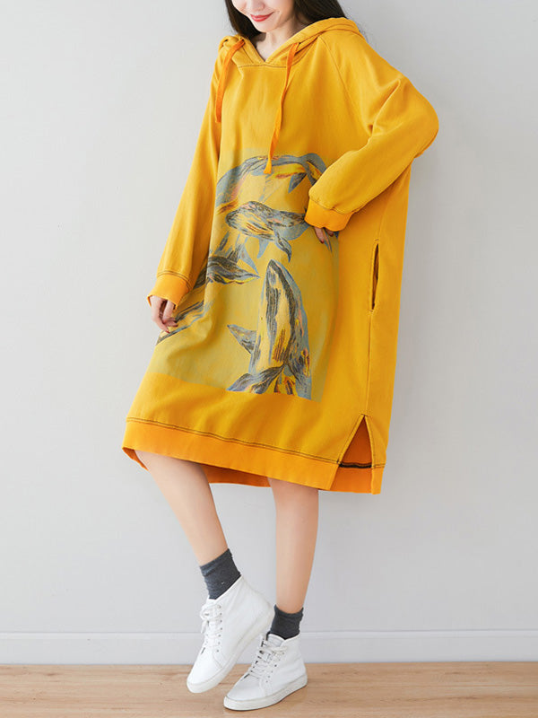 Vestido de moletom com capuz floral solto