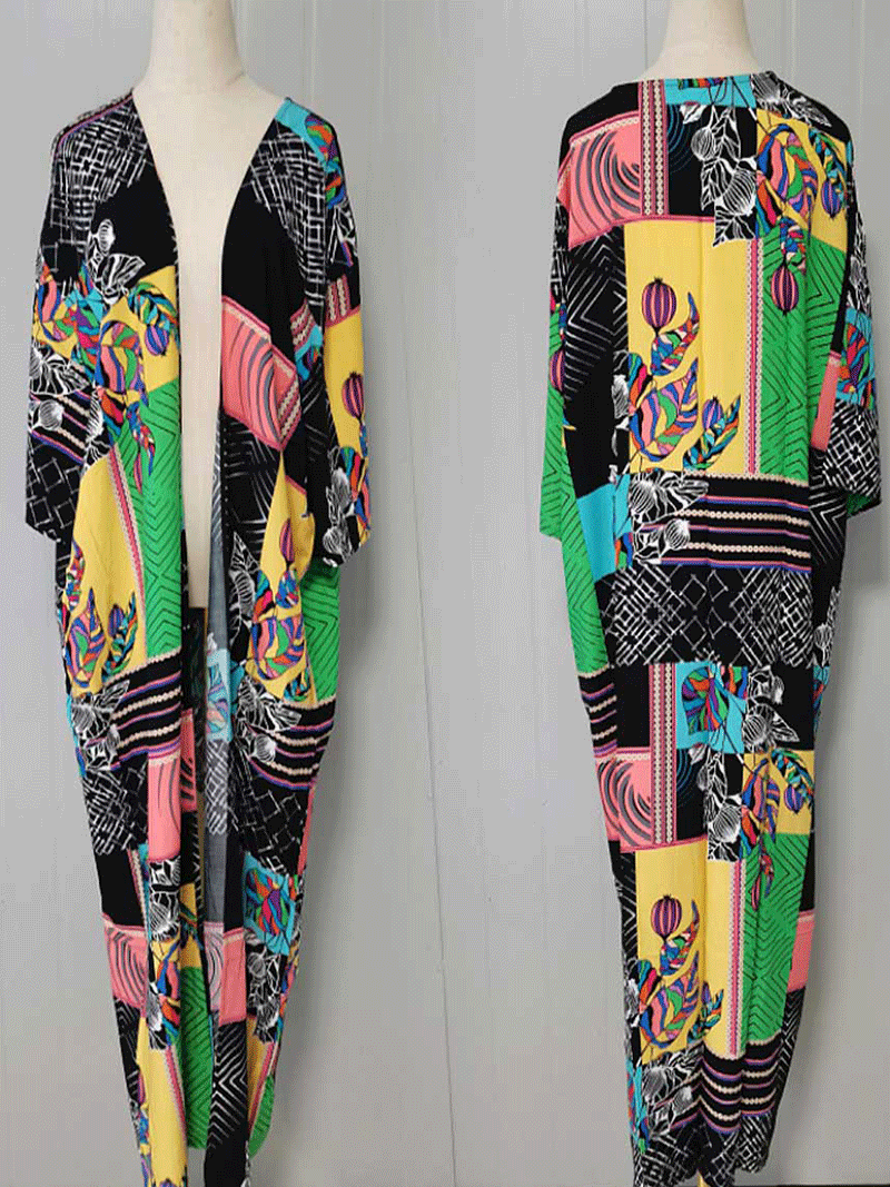 Evatrends cotton gown robe printed kimonos, Outerwear, Polyester, Nightwear, long kimono, long Sleeves, loose fitting, printed