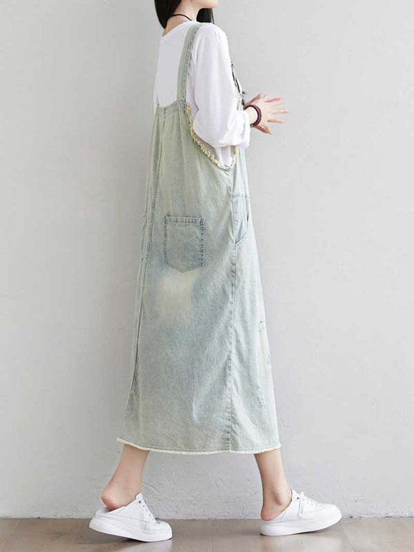 Women's Distressed Denim Midi Overall Dress - Comfortable Everyday | Eva Trends