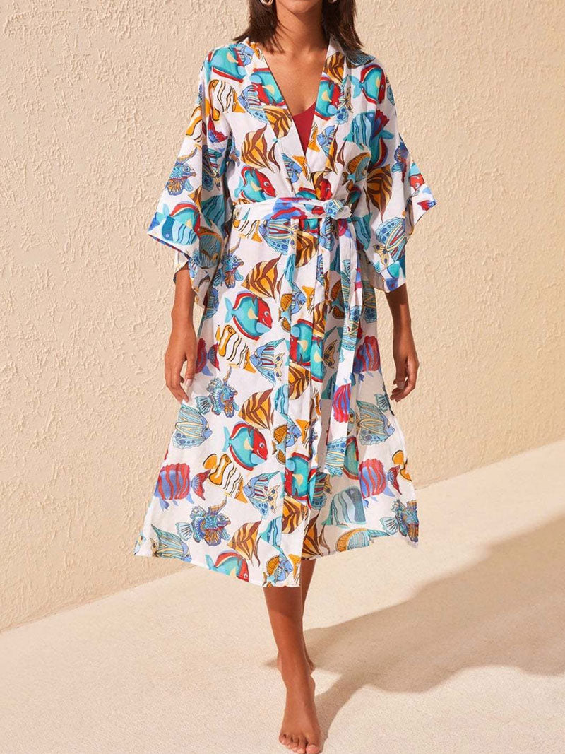 Evatrends cotton gown robe printed kimonos, Outerwear, cotton, Nightwear, long kimono, Broad sleeves with armpit opening, loose fitting, Birds, Fish With Leaf Print, Belted