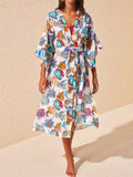 Evatrends cotton gown robe printed kimonos, Outerwear, cotton, Nightwear, long kimono, Broad sleeves with armpit opening, loose fitting, Birds, Fish With Leaf Print, Belted